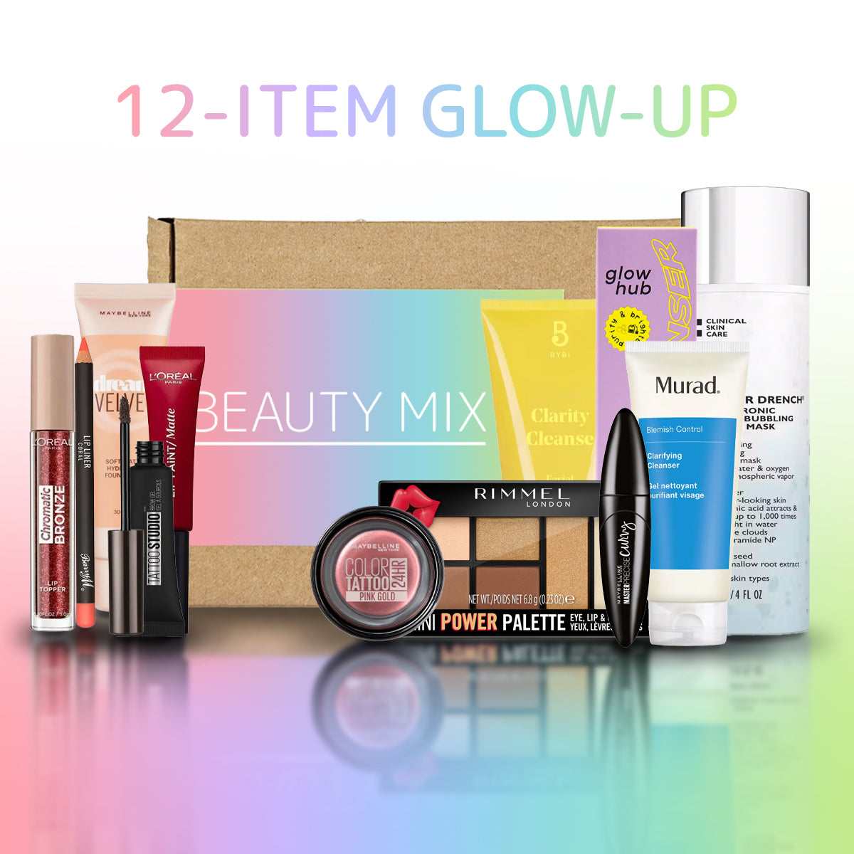 an image showcasing beauty mix's 12 item makeup and skincare beauty box against a rainbow background